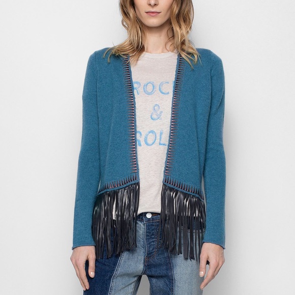 Zadig & Voltaire Marla Cashmere/ Leather Fringe Cardigan Boho Rock - Picture 4 of 15